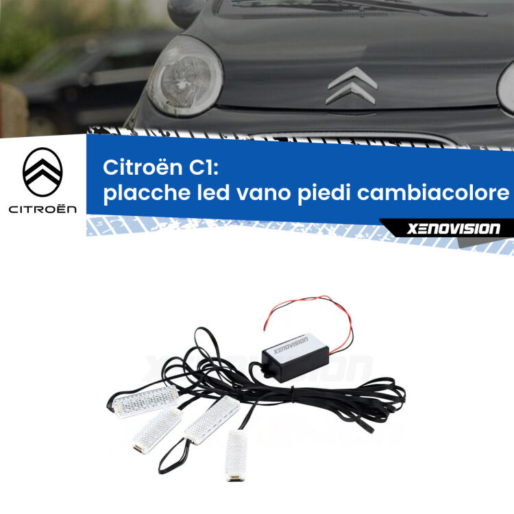 <strong>Kit placche LED cambiacolore vano piedi Citroën C1</strong>  2005 - 2013. 4 placche <strong>Bluetooth</strong> con app Android /iOS.