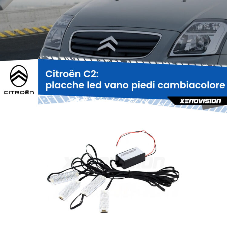 <strong>Kit placche LED cambiacolore vano piedi Citroën C2</strong>  2003 - 2009. 4 placche <strong>Bluetooth</strong> con app Android /iOS.