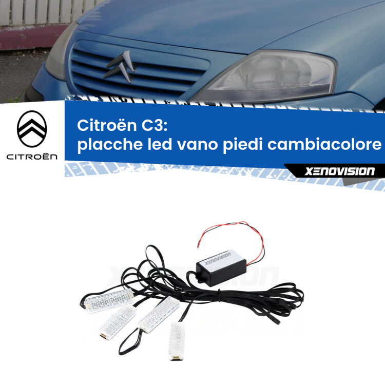 <strong>Kit placche LED cambiacolore vano piedi Citroën C3</strong>  2002 - 2009. 4 placche <strong>Bluetooth</strong> con app Android /iOS.