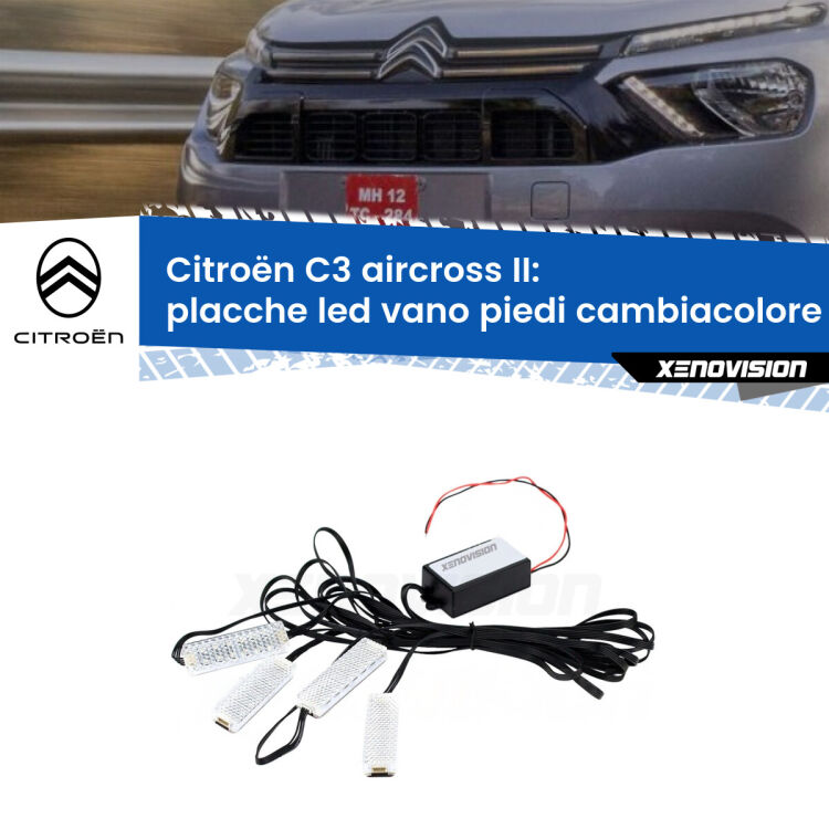 <strong>Kit placche LED cambiacolore vano piedi Citroën C3 aircross</strong> II 2024 in poi. 4 placche <strong>Bluetooth</strong> con app Android /iOS.