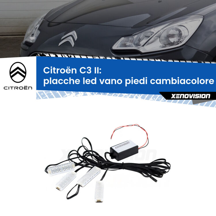 <strong>Kit placche LED cambiacolore vano piedi Citroën C3</strong> II 2009 - 2016. 4 placche <strong>Bluetooth</strong> con app Android /iOS.