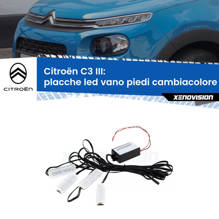 <strong>Kit placche LED cambiacolore vano piedi Citroën C3</strong> III 2016 - 2023. 4 placche <strong>Bluetooth</strong> con app Android /iOS.