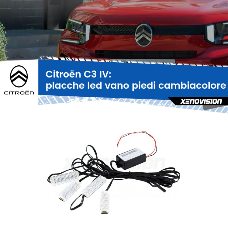 <strong>Kit placche LED cambiacolore vano piedi Citroën C3</strong> IV 2024 in poi. 4 placche <strong>Bluetooth</strong> con app Android /iOS.