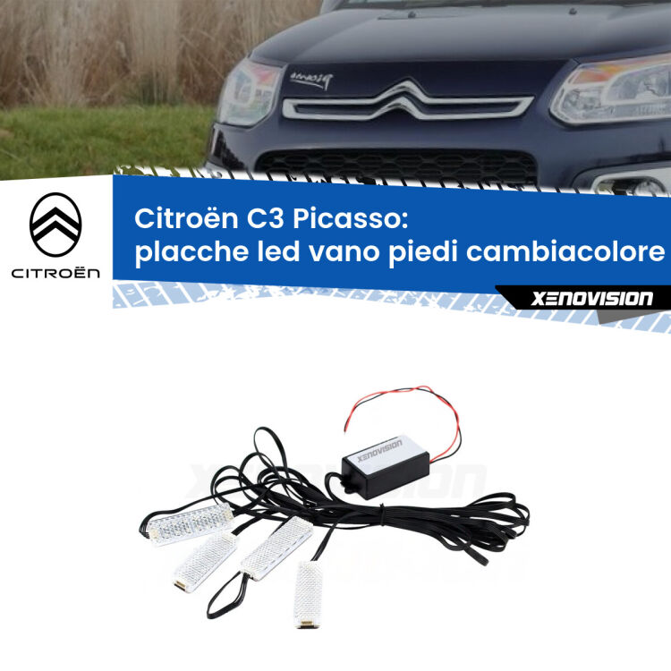 <strong>Kit placche LED cambiacolore vano piedi Citroën C3 Picasso</strong>  2009 - 2017. 4 placche <strong>Bluetooth</strong> con app Android /iOS.