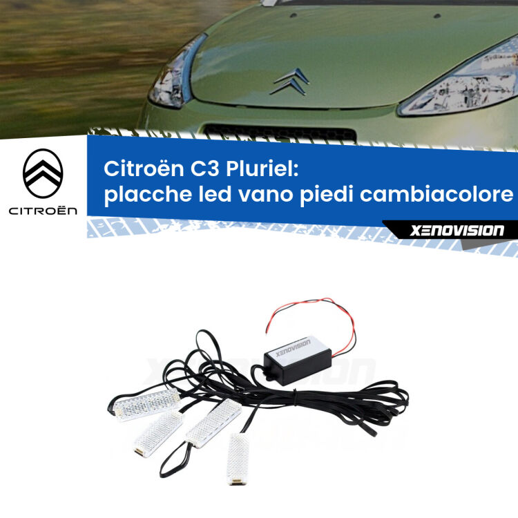 <strong>Kit placche LED cambiacolore vano piedi Citroën C3 Pluriel</strong>  2003 - 2010. 4 placche <strong>Bluetooth</strong> con app Android /iOS.