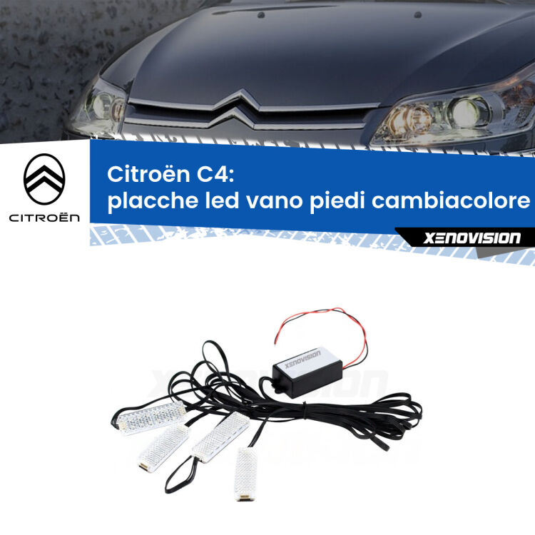 <strong>Kit placche LED cambiacolore vano piedi Citroën C4</strong>  2004 - 2010. 4 placche <strong>Bluetooth</strong> con app Android /iOS.