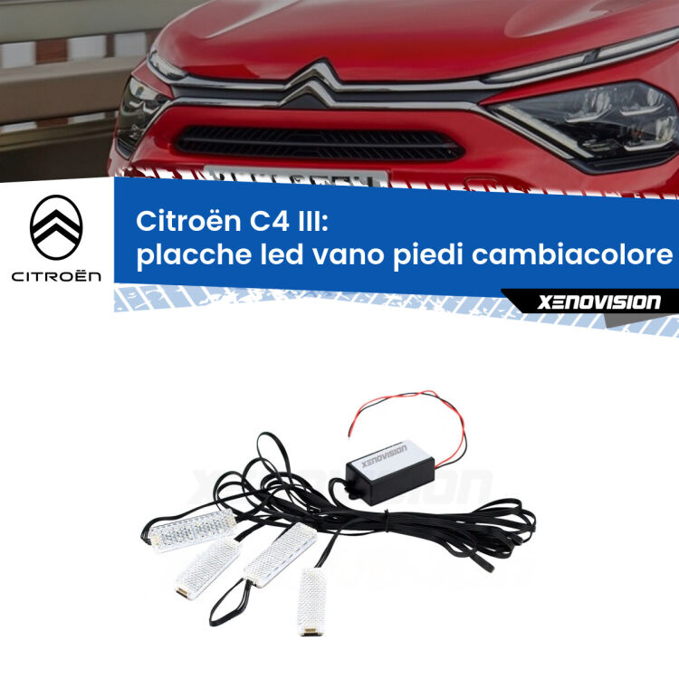 <strong>Kit placche LED cambiacolore vano piedi Citroën C4</strong> III 2020 in poi. 4 placche <strong>Bluetooth</strong> con app Android /iOS.