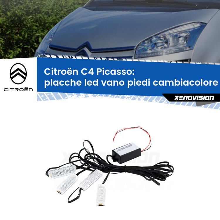 <strong>Kit placche LED cambiacolore vano piedi Citroën C4 Picasso</strong>  2006 - 2013. 4 placche <strong>Bluetooth</strong> con app Android /iOS.