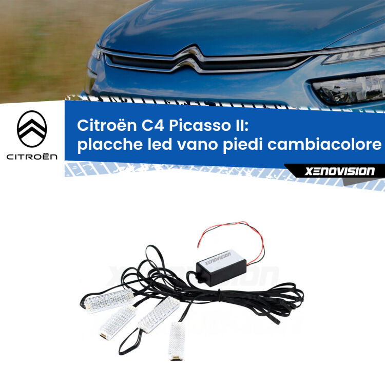 <strong>Kit placche LED cambiacolore vano piedi Citroën C4 Picasso</strong> II 2013 - 2022. 4 placche <strong>Bluetooth</strong> con app Android /iOS.