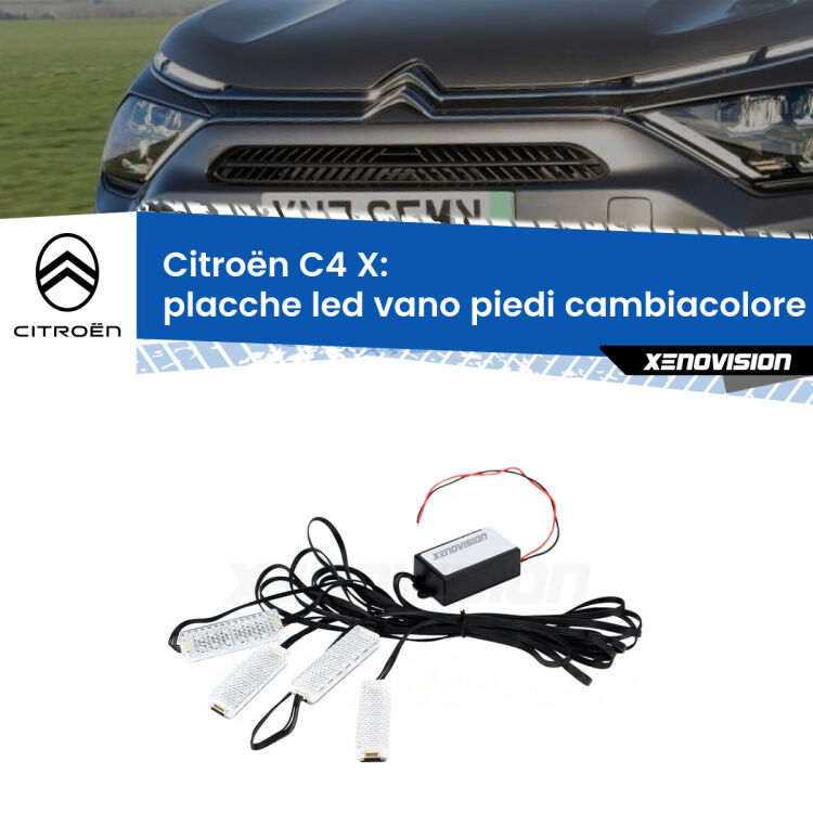 <strong>Kit placche LED cambiacolore vano piedi Citroën C4 X</strong>  2022 in poi. 4 placche <strong>Bluetooth</strong> con app Android /iOS.