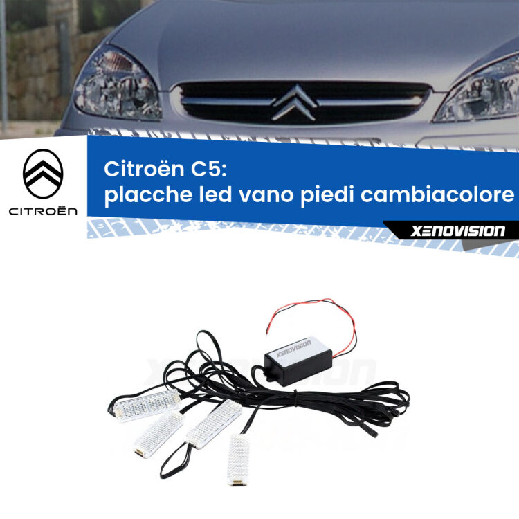 <strong>Kit placche LED cambiacolore vano piedi Citroën C5</strong>  2001 - 2004. 4 placche <strong>Bluetooth</strong> con app Android /iOS.