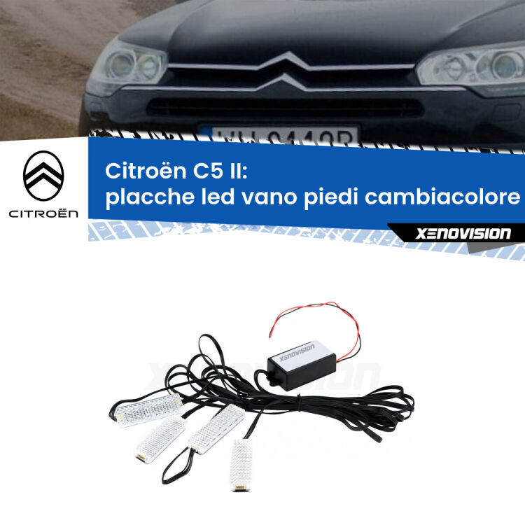 <strong>Kit placche LED cambiacolore vano piedi Citroën C5</strong> II 2008 - 2017. 4 placche <strong>Bluetooth</strong> con app Android /iOS.