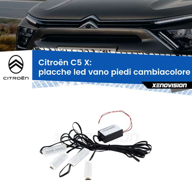 <strong>Kit placche LED cambiacolore vano piedi Citroën C5 X</strong>  2021 in poi. 4 placche <strong>Bluetooth</strong> con app Android /iOS.