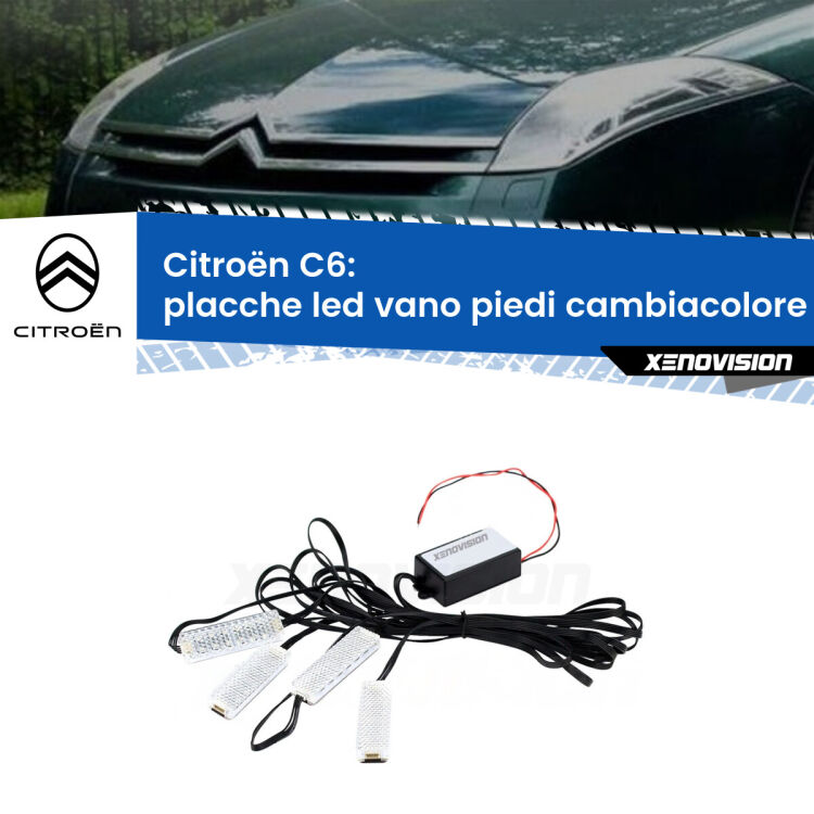 <strong>Kit placche LED cambiacolore vano piedi Citroën C6</strong>  2005 - 2012. 4 placche <strong>Bluetooth</strong> con app Android /iOS.