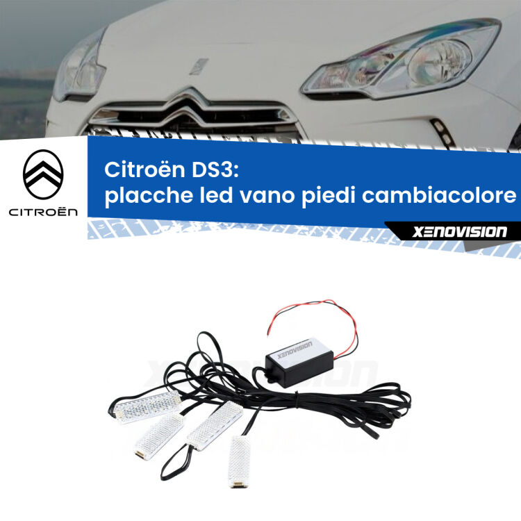 <strong>Kit placche LED cambiacolore vano piedi Citroën DS3</strong>  2009 - 2015. 4 placche <strong>Bluetooth</strong> con app Android /iOS.