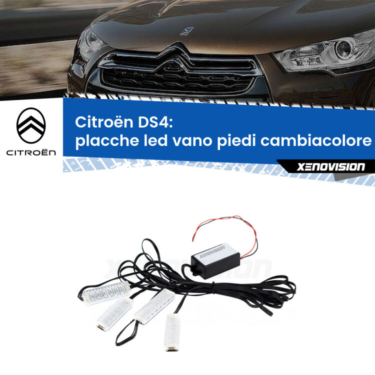 <strong>Kit placche LED cambiacolore vano piedi Citroën DS4</strong>  2010 - 2015. 4 placche <strong>Bluetooth</strong> con app Android /iOS.