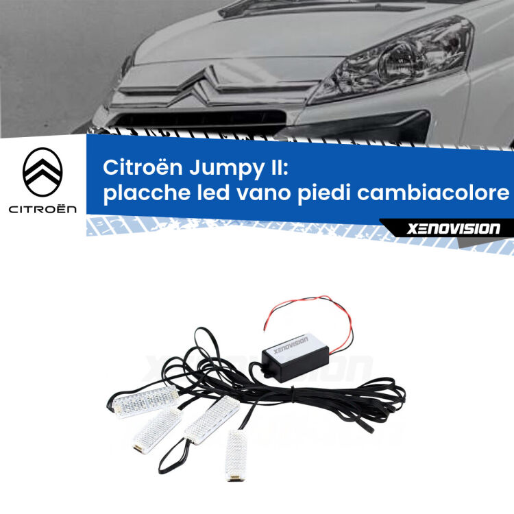 <strong>Kit placche LED cambiacolore vano piedi Citroën Jumpy</strong> II 2006 - 2015. 4 placche <strong>Bluetooth</strong> con app Android /iOS.