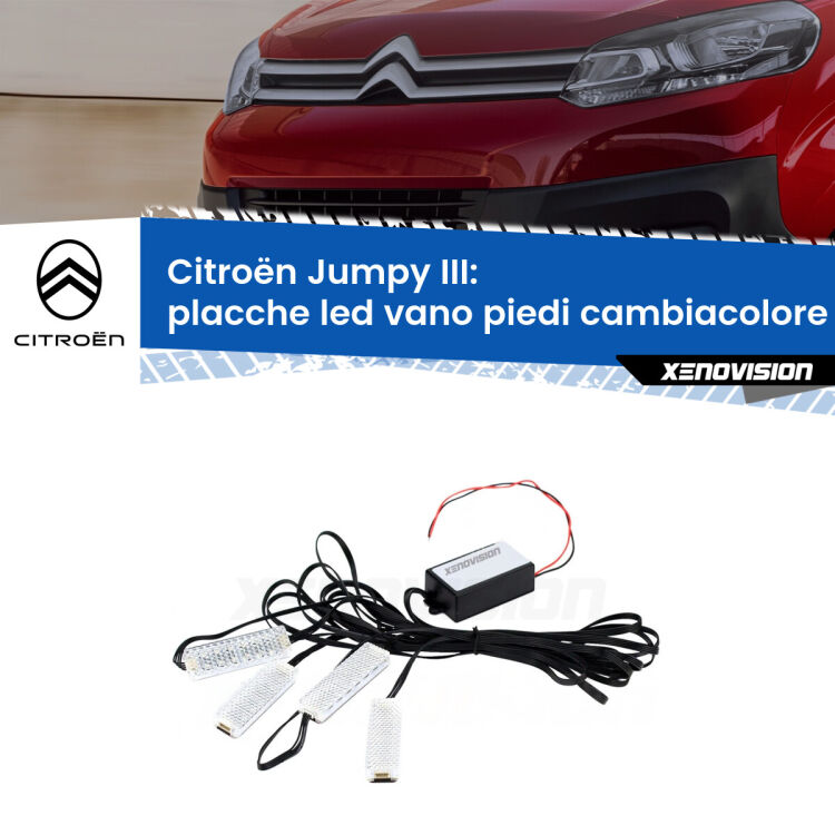 <strong>Kit placche LED cambiacolore vano piedi Citroën Jumpy</strong> III 2016 in poi. 4 placche <strong>Bluetooth</strong> con app Android /iOS.