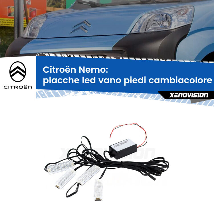 <strong>Kit placche LED cambiacolore vano piedi Citroën Nemo</strong>  2008 in poi. 4 placche <strong>Bluetooth</strong> con app Android /iOS.