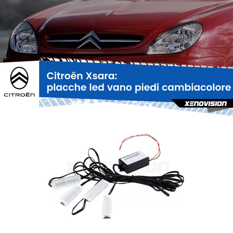 <strong>Kit placche LED cambiacolore vano piedi Citroën Xsara</strong>  1997 - 2005. 4 placche <strong>Bluetooth</strong> con app Android /iOS.