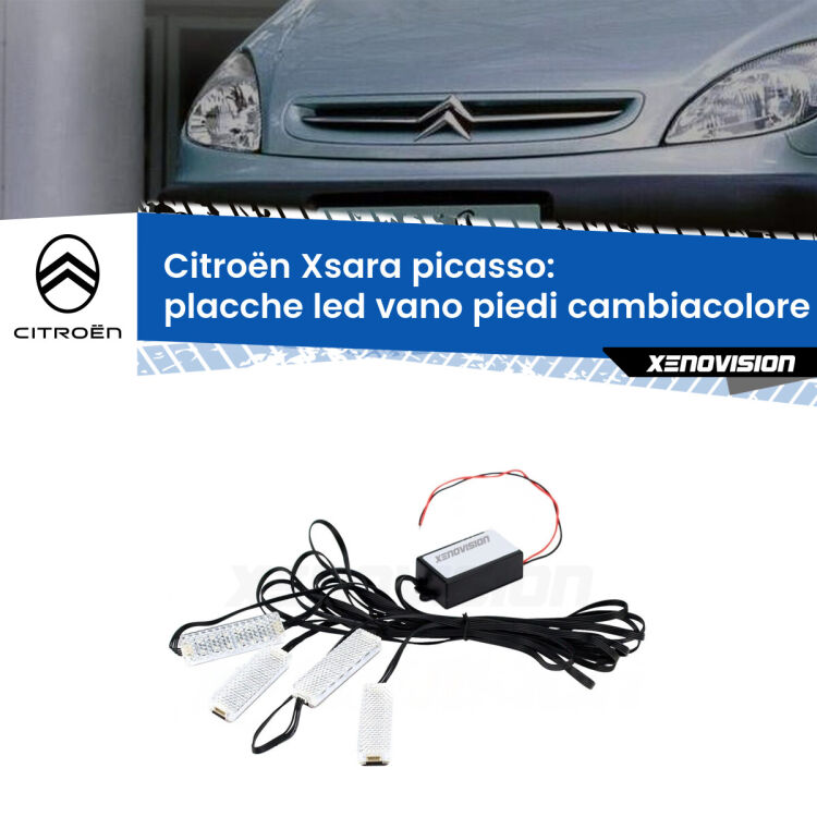 <strong>Kit placche LED cambiacolore vano piedi Citroën Xsara picasso</strong>  1999 - 2012. 4 placche <strong>Bluetooth</strong> con app Android /iOS.