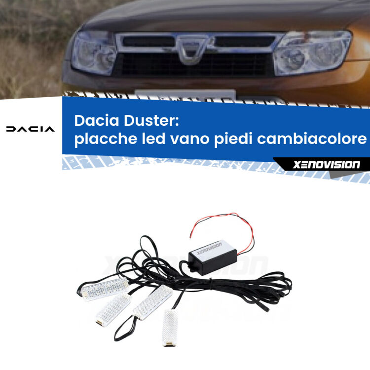 <strong>Kit placche LED cambiacolore vano piedi Dacia Duster</strong>  2010 - 2016. 4 placche <strong>Bluetooth</strong> con app Android /iOS.