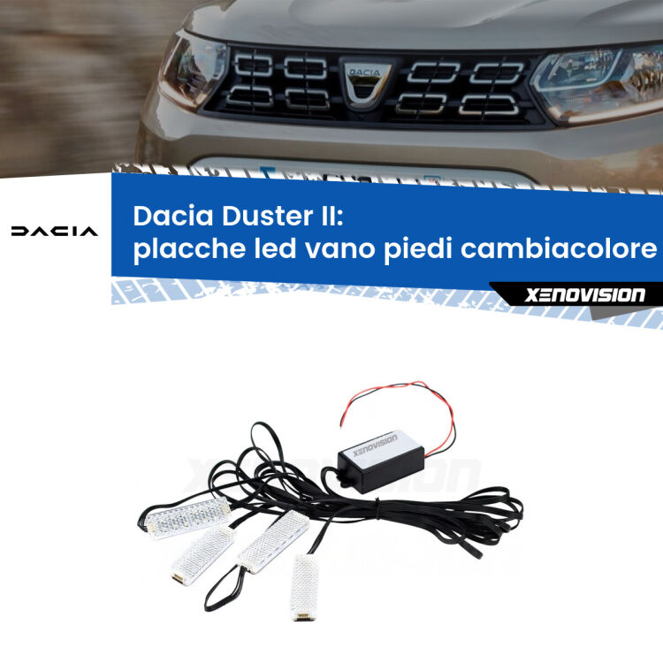 <strong>Kit placche LED cambiacolore vano piedi Dacia Duster</strong> II 2017 - 2023. 4 placche <strong>Bluetooth</strong> con app Android /iOS.