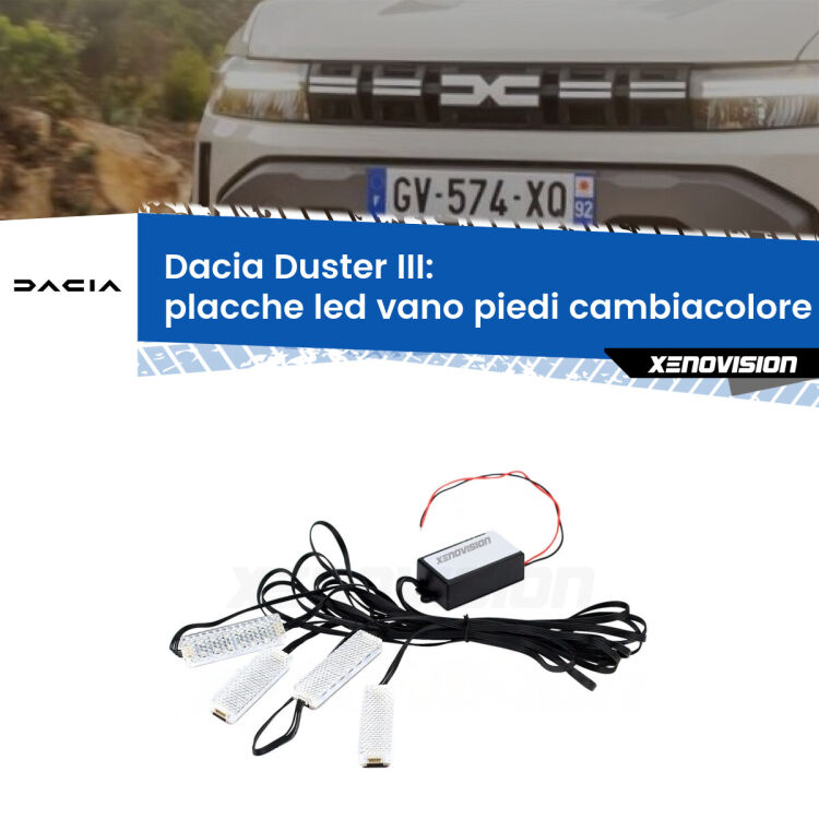 <strong>Kit placche LED cambiacolore vano piedi Dacia Duster</strong> III 2024 in poi. 4 placche <strong>Bluetooth</strong> con app Android /iOS.