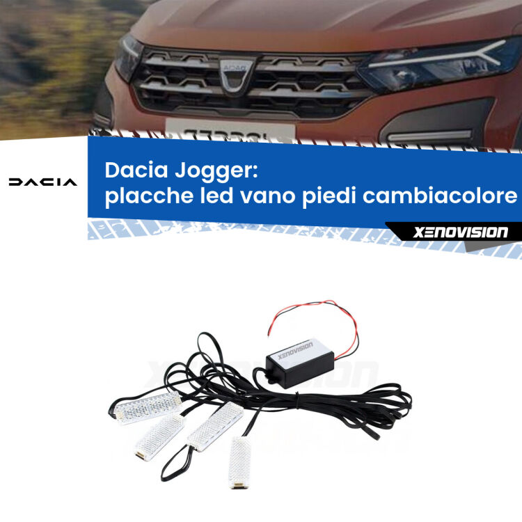 <strong>Kit placche LED cambiacolore vano piedi Dacia Jogger</strong>  2021 in poi. 4 placche <strong>Bluetooth</strong> con app Android /iOS.