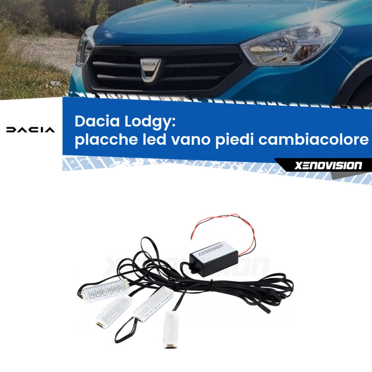 <strong>Kit placche LED cambiacolore vano piedi Dacia Lodgy</strong>  2012 in poi. 4 placche <strong>Bluetooth</strong> con app Android /iOS.