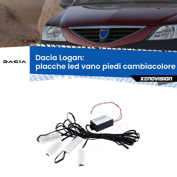 <strong>Kit placche LED cambiacolore vano piedi Dacia Logan</strong>  2004 - 2011. 4 placche <strong>Bluetooth</strong> con app Android /iOS.