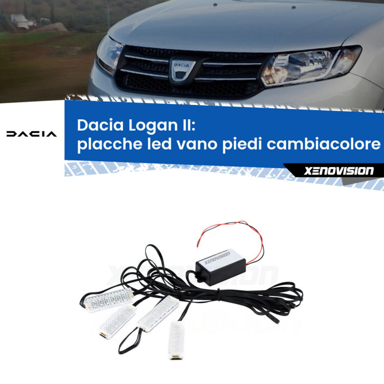 <strong>Kit placche LED cambiacolore vano piedi Dacia Logan</strong> II 2012 in poi. 4 placche <strong>Bluetooth</strong> con app Android /iOS.