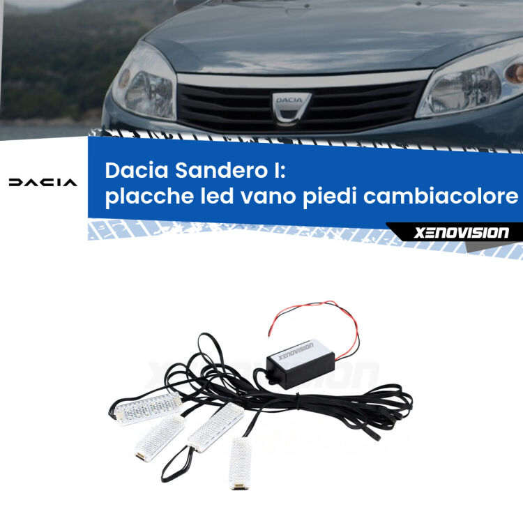 <strong>Kit placche LED cambiacolore vano piedi Dacia Sandero I</strong>  2008 - 2012. 4 placche <strong>Bluetooth</strong> con app Android /iOS.