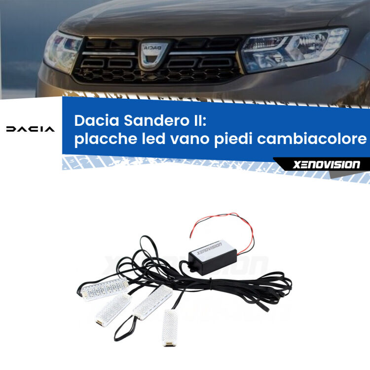 <strong>Kit placche LED cambiacolore vano piedi Dacia Sandero II</strong>  2012 - 2019. 4 placche <strong>Bluetooth</strong> con app Android /iOS.