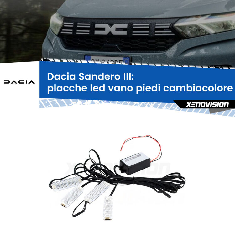 <strong>Kit placche LED cambiacolore vano piedi Dacia Sandero III</strong>  2020 in poi. 4 placche <strong>Bluetooth</strong> con app Android /iOS.