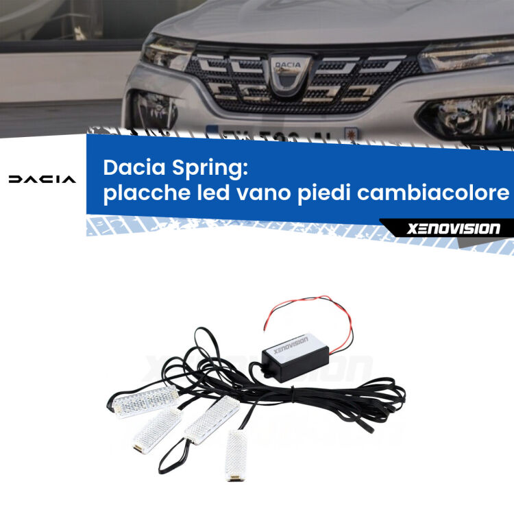 <strong>Kit placche LED cambiacolore vano piedi Dacia Spring</strong>  2021 in poi. 4 placche <strong>Bluetooth</strong> con app Android /iOS.