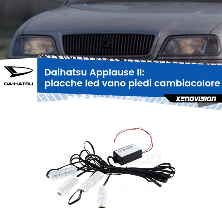 <strong>Kit placche LED cambiacolore vano piedi Daihatsu Applause</strong> II 1997 - 2000. 4 placche <strong>Bluetooth</strong> con app Android /iOS.