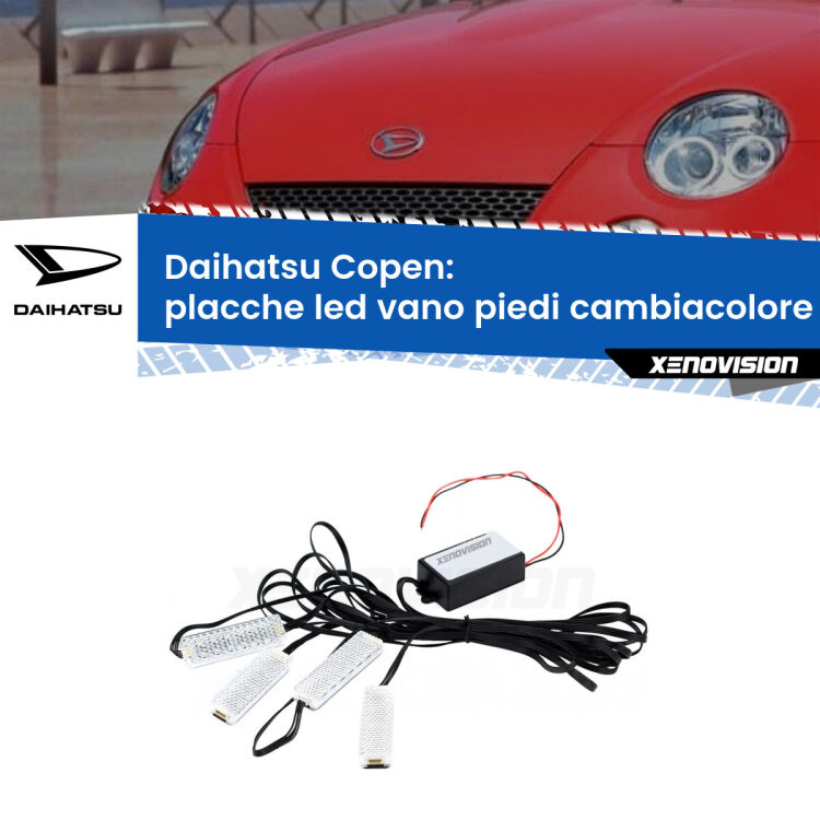 <strong>Kit placche LED cambiacolore vano piedi Daihatsu Copen</strong>  2003 - 2012. 4 placche <strong>Bluetooth</strong> con app Android /iOS.