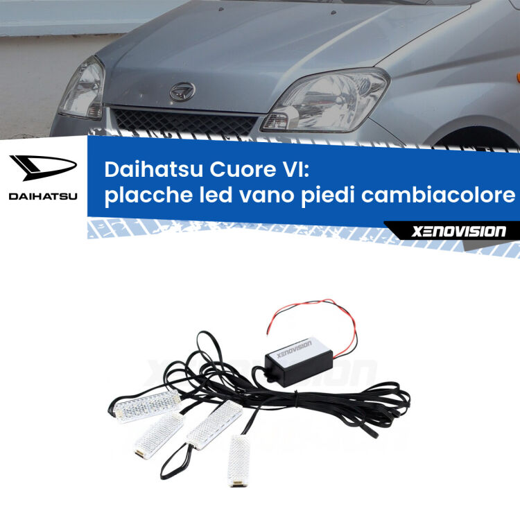 <strong>Kit placche LED cambiacolore vano piedi Daihatsu Cuore VI</strong>  2003 - 2007. 4 placche <strong>Bluetooth</strong> con app Android /iOS.