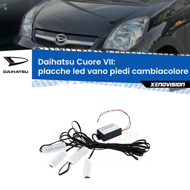 <strong>Kit placche LED cambiacolore vano piedi Daihatsu Cuore VII</strong>  2007 - 2018. 4 placche <strong>Bluetooth</strong> con app Android /iOS.