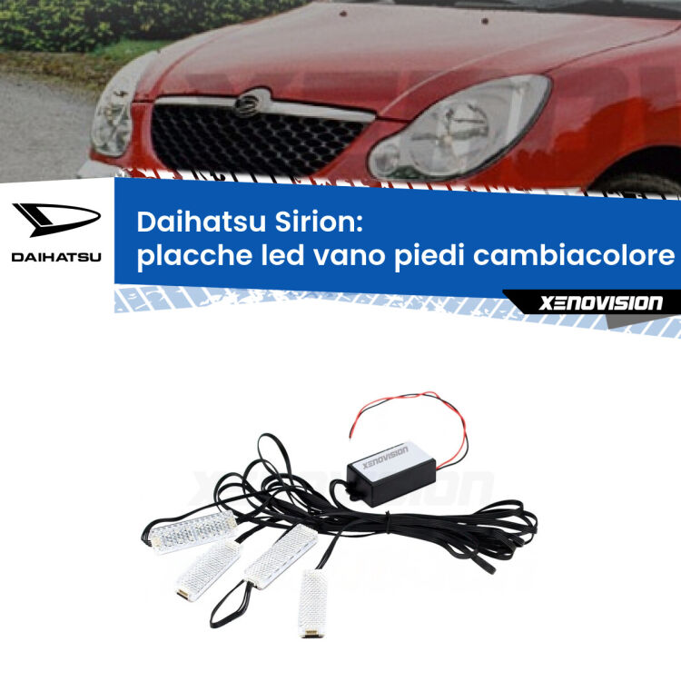 <strong>Kit placche LED cambiacolore vano piedi Daihatsu Sirion</strong>  2005 - 2008. 4 placche <strong>Bluetooth</strong> con app Android /iOS.