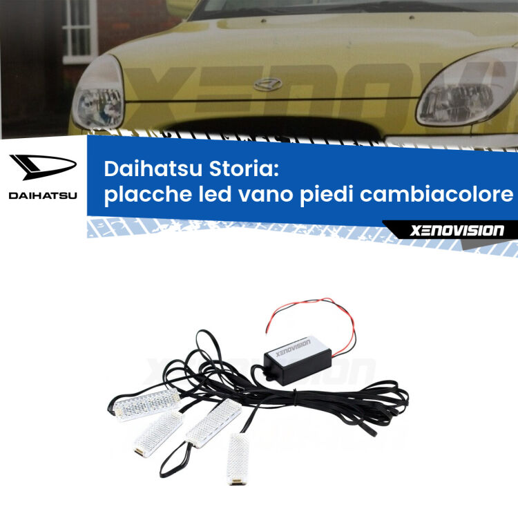 <strong>Kit placche LED cambiacolore vano piedi Daihatsu Storia</strong>  1998 - 2005. 4 placche <strong>Bluetooth</strong> con app Android /iOS.