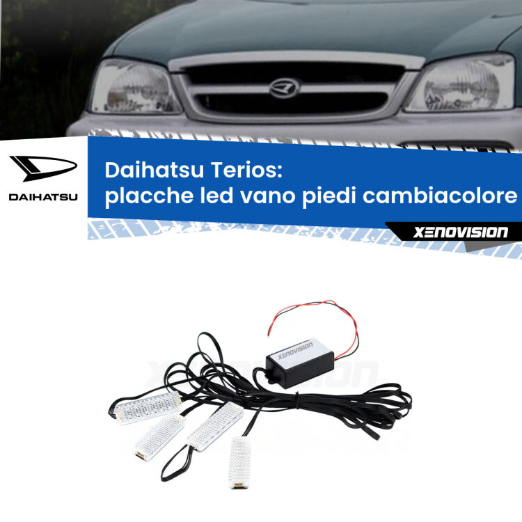 <strong>Kit placche LED cambiacolore vano piedi Daihatsu Terios</strong>  1997 - 2005. 4 placche <strong>Bluetooth</strong> con app Android /iOS.