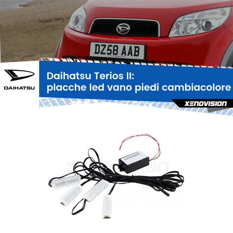 <strong>Kit placche LED cambiacolore vano piedi Daihatsu Terios</strong> II 2005 - 2009. 4 placche <strong>Bluetooth</strong> con app Android /iOS.