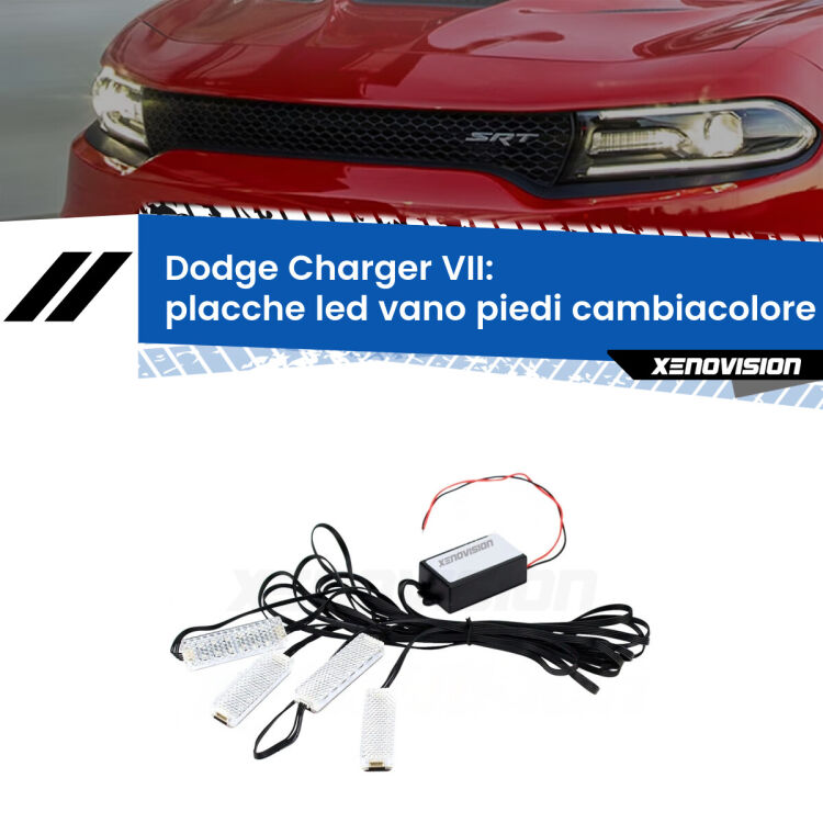 <strong>Kit placche LED cambiacolore vano piedi Dodge Charger</strong> VII 2011 - 2023. 4 placche <strong>Bluetooth</strong> con app Android /iOS.