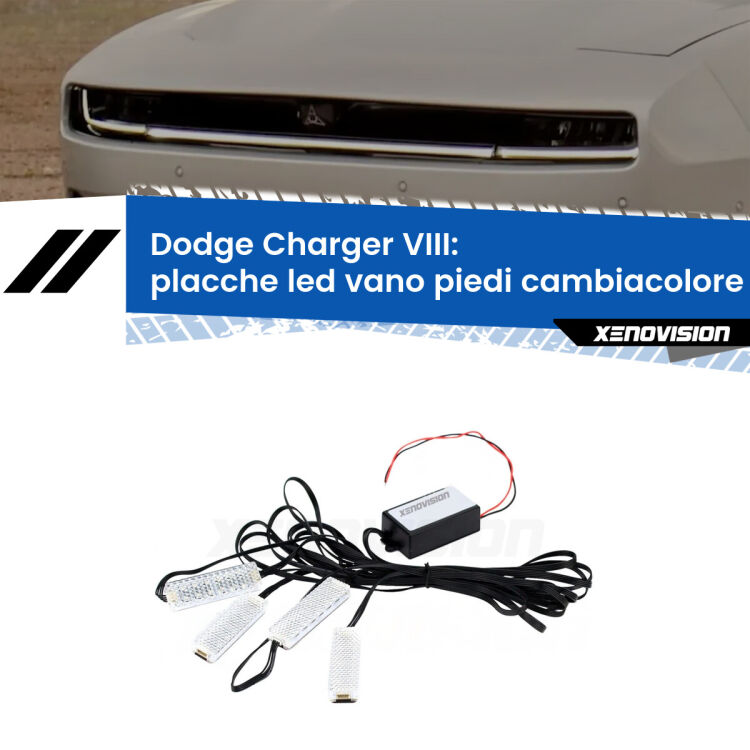 <strong>Kit placche LED cambiacolore vano piedi Dodge Charger</strong> VIII 2024 in poi. 4 placche <strong>Bluetooth</strong> con app Android /iOS.