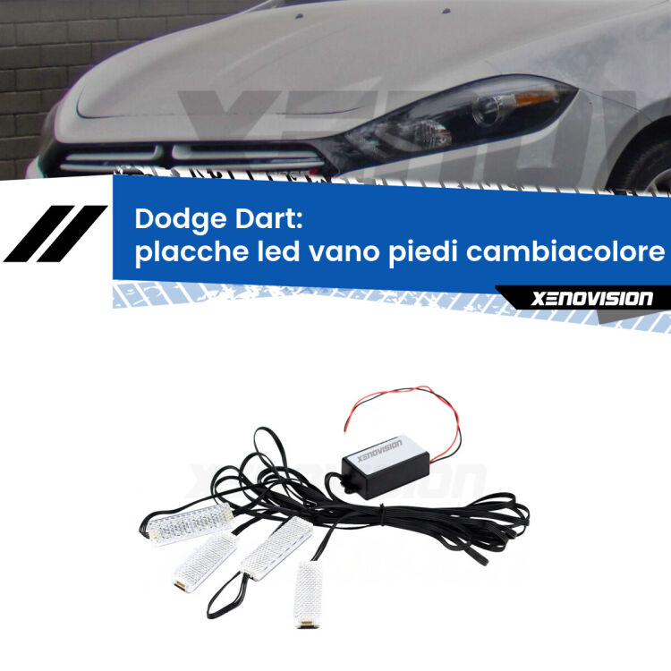 <strong>Kit placche LED cambiacolore vano piedi Dodge Dart</strong>  2012 in poi. 4 placche <strong>Bluetooth</strong> con app Android /iOS.