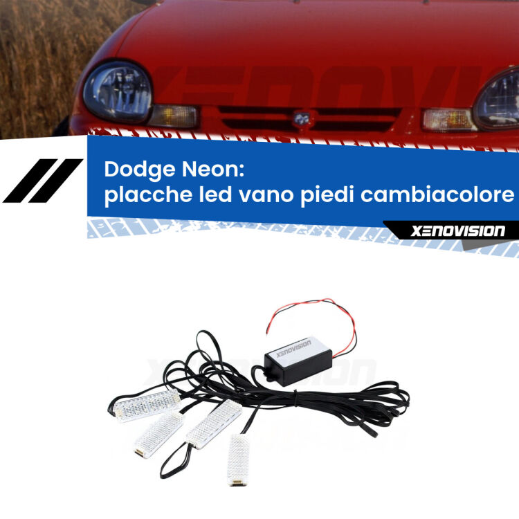 <strong>Kit placche LED cambiacolore vano piedi Dodge Neon</strong>  1994 - 1999. 4 placche <strong>Bluetooth</strong> con app Android /iOS.