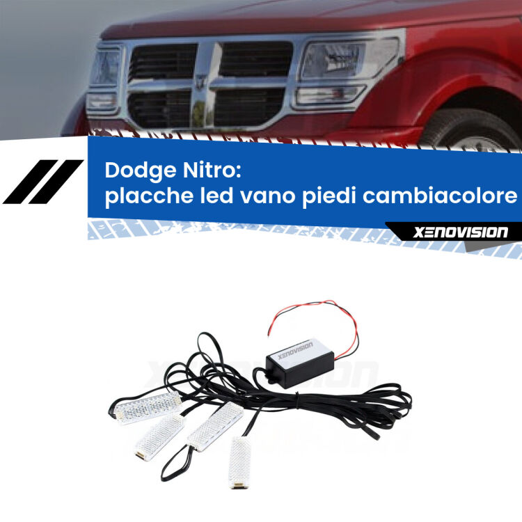 <strong>Kit placche LED cambiacolore vano piedi Dodge Nitro</strong>  2006 - 2012. 4 placche <strong>Bluetooth</strong> con app Android /iOS.