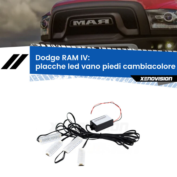 <strong>Kit placche LED cambiacolore vano piedi Dodge RAM</strong> IV 2009 - 2018. 4 placche <strong>Bluetooth</strong> con app Android /iOS.